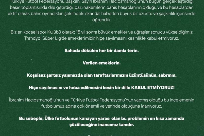 Bahis tartışmalarına Kocaelispor da dahil oldu