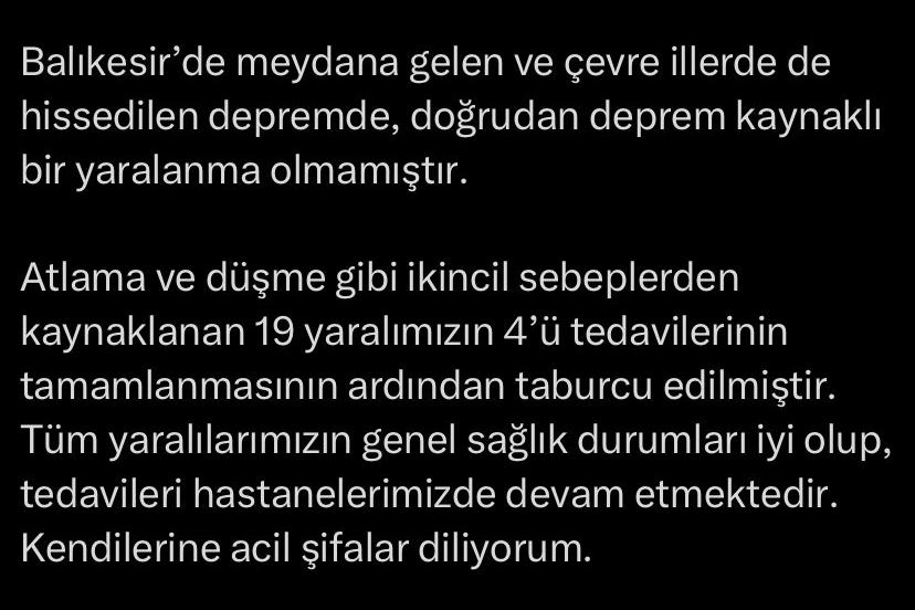 Bakan Memişoğlu: "Depremde, doğrudan deprem kaynaklı bir yaralanma olmamıştır"