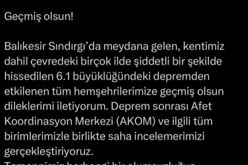 Başkan Bozbey’den deprem mesajı: "Temennimiz, herhangi bir olumsuzluğun yaşanmamış olması"