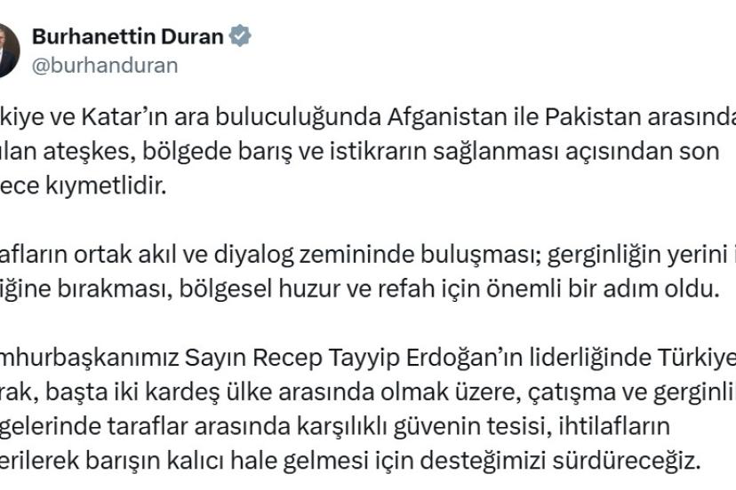 Burhanettin Duran’dan Afganistan-Pakistan ateşkesi açıklaması