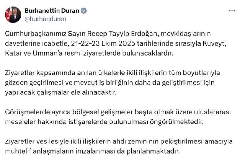 Cumhurbaşkanı Erdoğan, Kuveyt, Katar ve Umman’ı ziyaret edecek