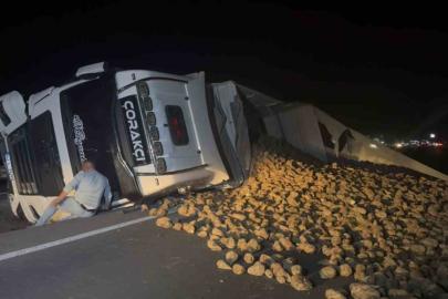 Köpeğe çarpmamak için sürücüsünün manevra yaptığı pancar yüklü tır refüje devrildi