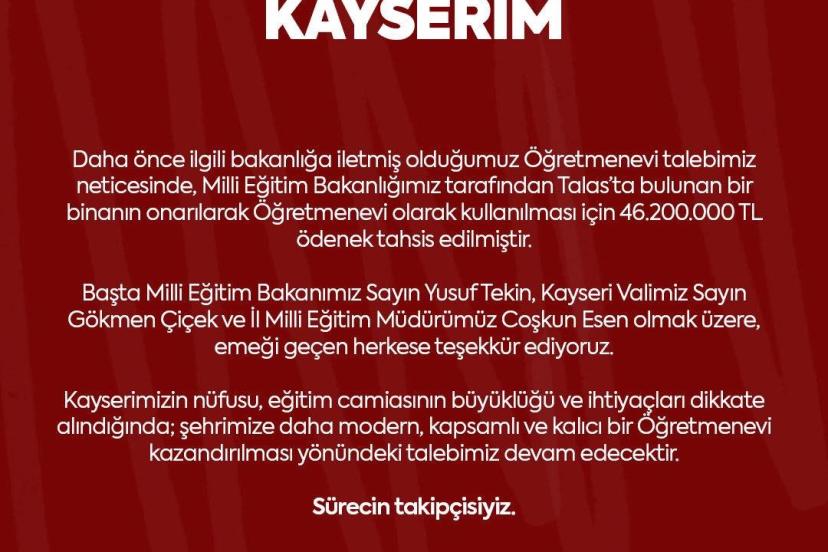 MHP’li Ersoy’dan Kayseri’ye ‘öğretmenevi’ müjdesi