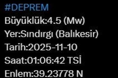 Balıkesir’de 4.5 büyüklüğünde deprem