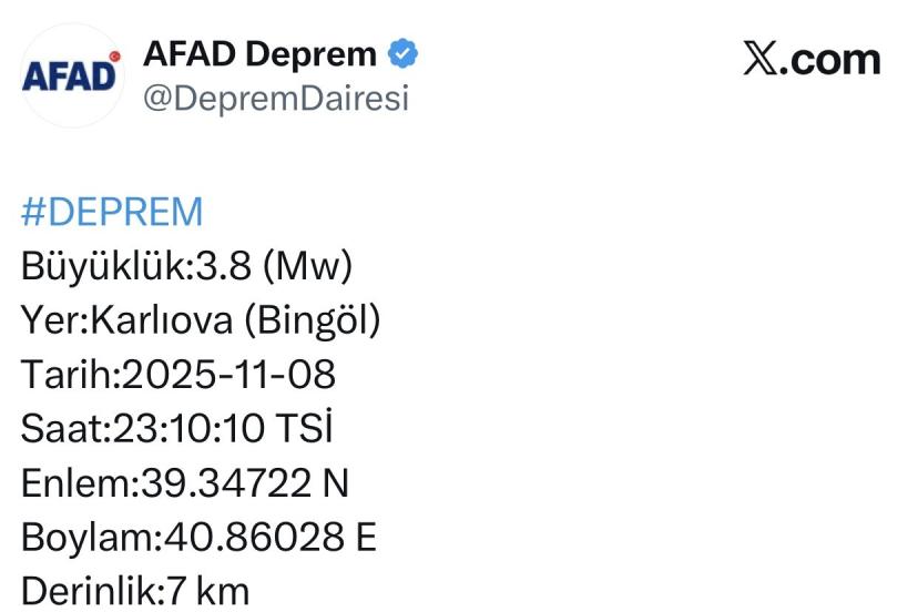 Bingöl’de 3.8 büyüklüğünde deprem