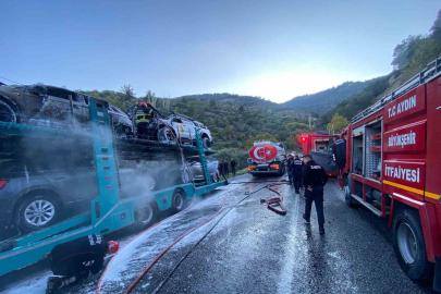 Bozdoğan’da araç yüklü tırda yangın: Araçlar kullanılamaz hale geldi