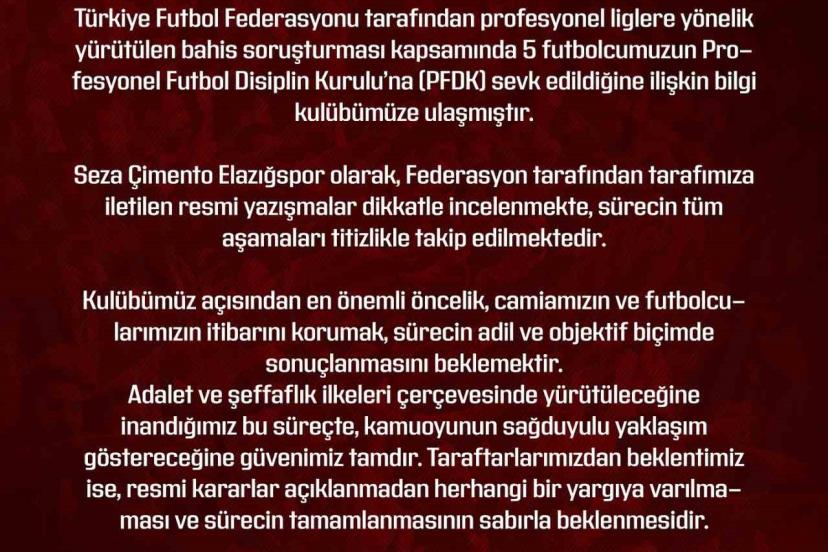 Elazığspor: "Gelişmeler kulübümüz tarafından izlenmekte"