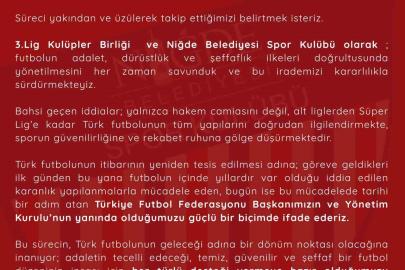 Niğde Belediyespor’dan TFF’ye destek