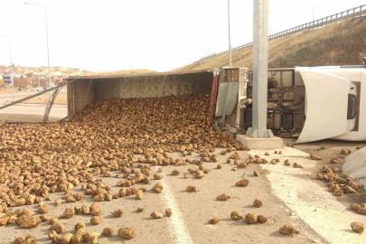 Pancar yüklü kamyon devrildi