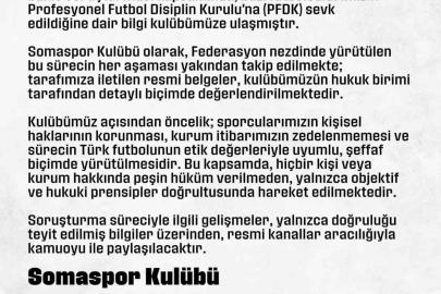 Somaspor’dan, PFDK’ya sevk edilen futbolcularıyla ilgili açıklama