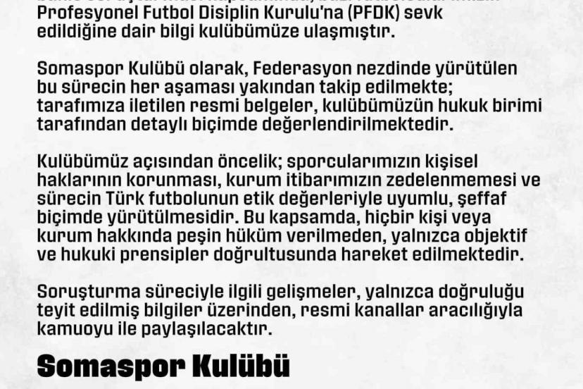 Somaspor’dan, PFDK’ya sevk edilen futbolcularıyla ilgili açıklama