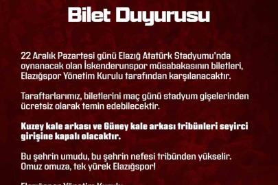 Elazığspor yönetimi, İskenderunspor maçının biletlerini ücretsiz dağıtacak