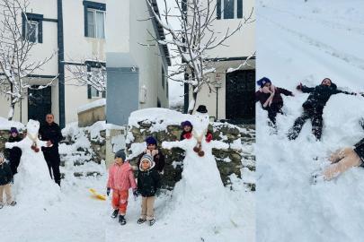 Hakkarili çocukların kardan adam sevinci