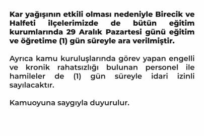 Halfeti ve Birecik’te de okullar tatil edildi