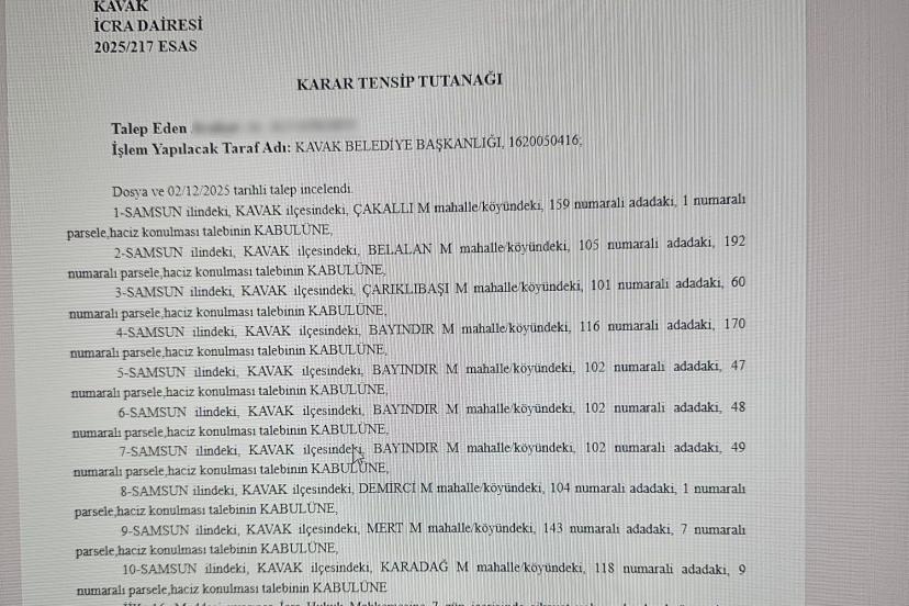 Kavak Belediyesi’ne ait 10 taşınmaza haciz