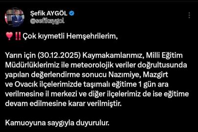 Tunceli’nin 3 ilçesinde taşımalı eğitime 1 gün ara verildi