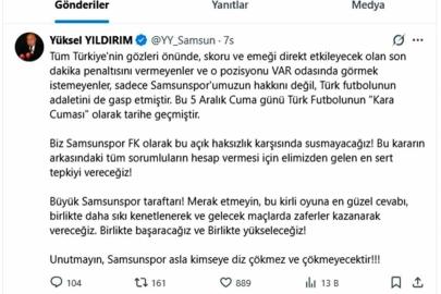 Yüksel Yıldırım: "Samsunspor asla kimseye diz çökmez ve çökmeyecek"