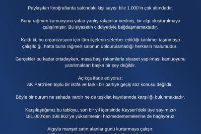 AK Parti Kayseri İl Başkanlığı: "AK Parti’den toplu bir istifa ve farklı bir partiye geçiş söz konusu değildir"