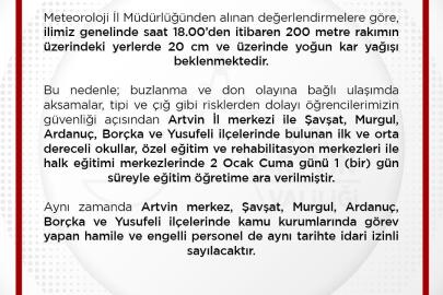 Artvin’de eğitime 1 gün ara verildi