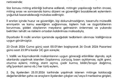 Diyarbakır’da gösteri ve yürüyüşler 4 gün boyunca yasaklandı