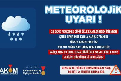Kahramanmaraş genelinde 22 Ocak’ta kar yağışı bekleniyor