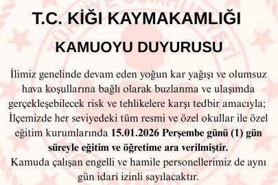 Kiğı ilçesinde eğitime 1 gün ara verildi