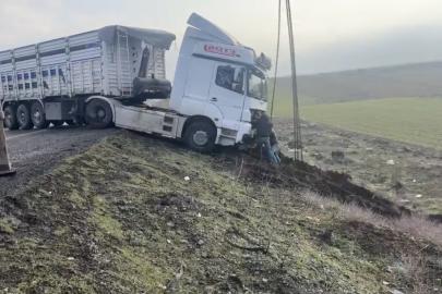 Mardin’de kontrolden çıkan tır yol kenarına savruldu