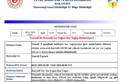 Tunceli için kuvvetli ve yoğun kar uyarısı