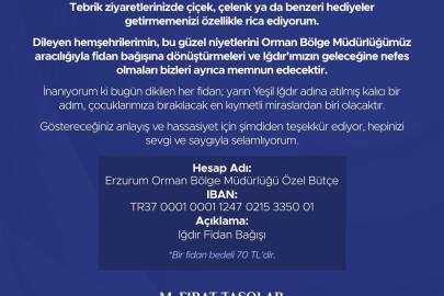 Vali Taşolar’dan tebrikler için anlamlı çağrı: "Çiçek yerine fidan bağışı"