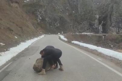 Yola düşen kayayı otomobilleriyle çektiler