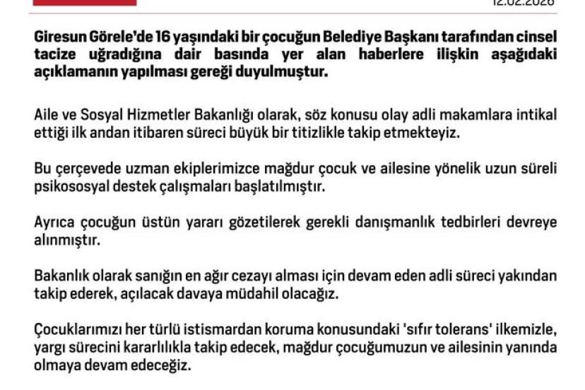 Aile ve Sosyal Hizmetler Bakanlığından Görele’deki taciz iddiasıyla ilgili açıklama: "Sıfır toleransla, yargı sürecini kararlılıkla takip edeceğiz"