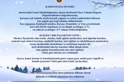 Kırklareli merkez, Kofçaz, Demirköy ve Vize’de eğitime 1 gün ara verildi