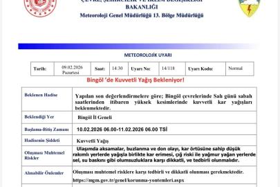Meteorolojiden Bingöl için kuvvetli yağış uyarısı