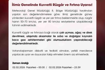 Niğde Valiliği’nden kuvvetli rüzgar uyarısı