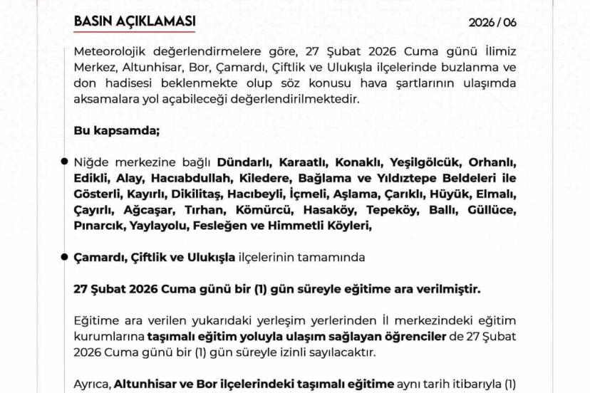 Niğde’de bazı okullarda eğitime ara verildi