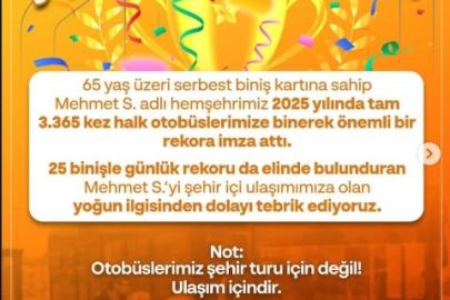 Yılda 3 bin 365 kullanımla, halk otobüsü kullanma rekoru kırdı