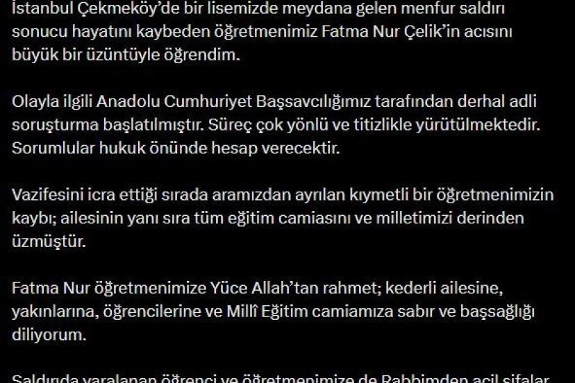 Bakan Gürlek: "(Öğretmen Fatma Nur Çelik) Olayla ilgili derhal adli soruşturma başlatılmıştır"