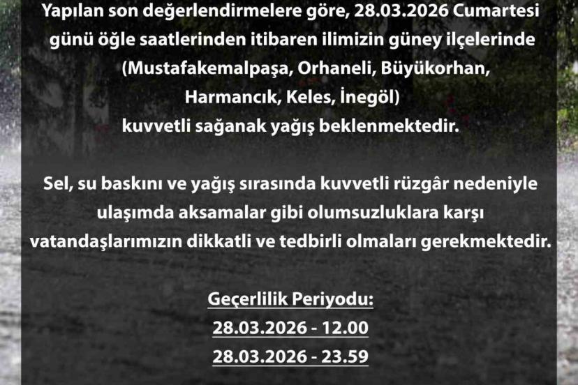 Bursa için sarı alarm: Kuvvetli yağış kapıda