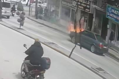 Karaman’da yanan otomobile esnaftan hortumlu müdahale