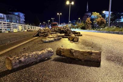 Seyir halindeki kamyonun damperi aniden kalktı, odunlar yola döküldü