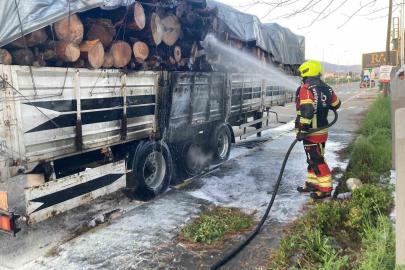 Tomruk yüklü TIR dorsesi alevel alev yandı