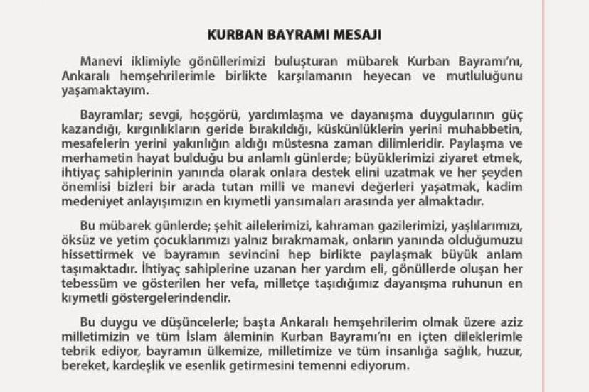 Ankara Valisi Canbolat’tan Kurban Bayramı mesajı