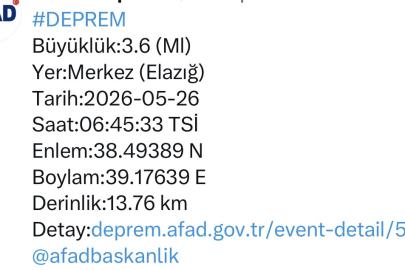 Elazığ’da 3.6 büyüklüğünde deprem