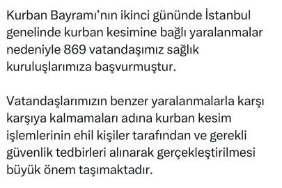 İstanbul İl Sağlık Müdürü Güner: "Kurban kesimine bağlı 869 vatandaşımız sağlık kuruluşlarımıza başvurmuştur"