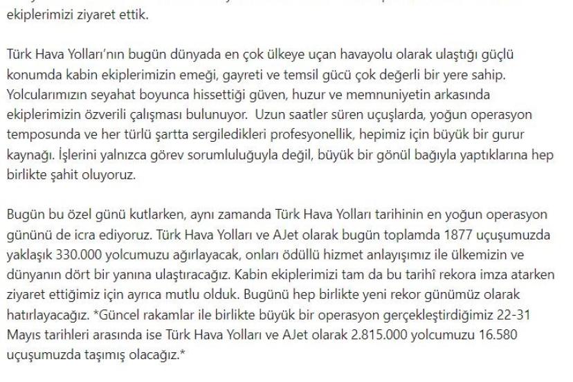 THY Yönetim Kurulu Başkanı Murat Şeker, Dünya Kabin Memurları Günü’nü kutladı