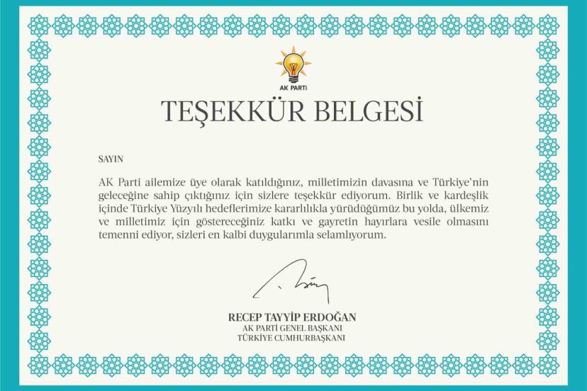 AK Parti’den 11,5 milyon üyesine Cumhurbaşkanı Erdoğan imzalı teşekkür belgesi