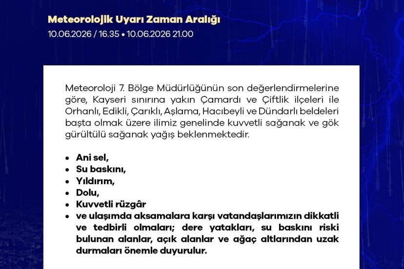 Niğde için kuvvetli yağış uyarısı