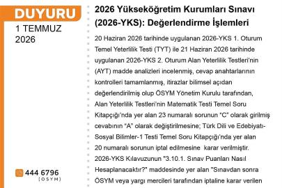 YKS değerlendirildi: 1 soru iptal, 1 sorunun şıkkı değişti