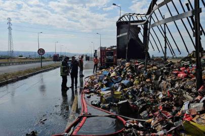 Tırın dorsesinde çıkan yangını itfaiye söndürdü