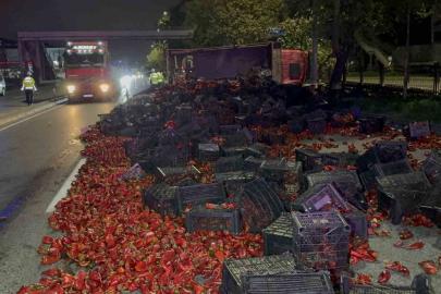 Devrilen kamyondaki 10 ton kapya biber yola saçıldı: 2 yaralı